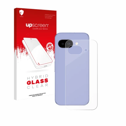 Front side of a product packaging with the brand logo upscreen. Next to it is the device Google Pixel 9a (Back) shown with the