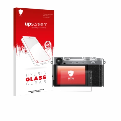 Front side of a product packaging with the brand logo upscreen. Next to it is the device Fujifilm X-E5 shown with the correspo