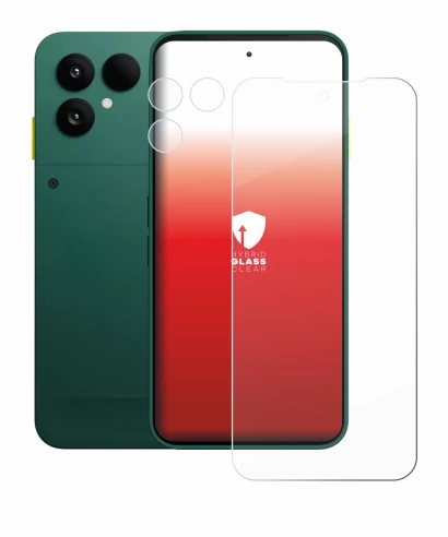 Image of the device Fairphone 6 (Front+Camera) with a wide variety of screen protectors.