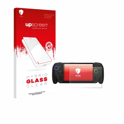 Front side of a product packaging with the brand logo upscreen. Next to it is the device ASUS ROG Ally X 2025 shown with the c