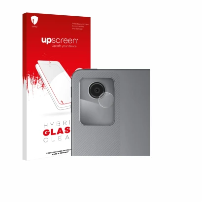 Front side of a product packaging with the brand logo upscreen. Next to it is the device Lenovo Tab M11 (ONLY Camera Lens) sho