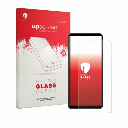 Front side of a product packaging with the brand logo upscreen. Next to it is the device Sony Xperia 1 VIII shown with the cor