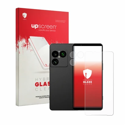 Front side of a product packaging with the brand logo upscreen. Next to it is the device Sony Xperia 1 VIII (Front+Camera) sho