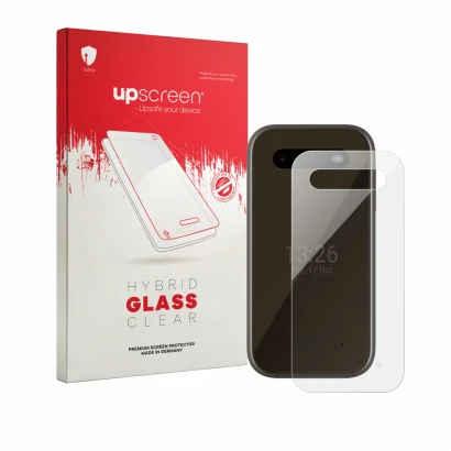 Front side of a product packaging with the brand logo upscreen. Next to it is the device HMD 2660 Flip 4G (Back) shown with th