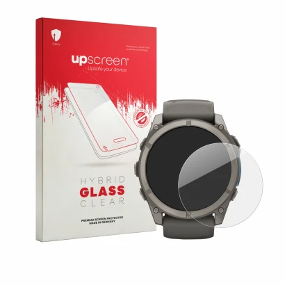 Front side of a product packaging with the brand logo upscreen. Next to it is the device Garmin Fenix 9 (51 mm) shown with the