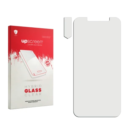 Front side of a product packaging with the brand logo upscreen. Next to it is the corresponding screen protector.