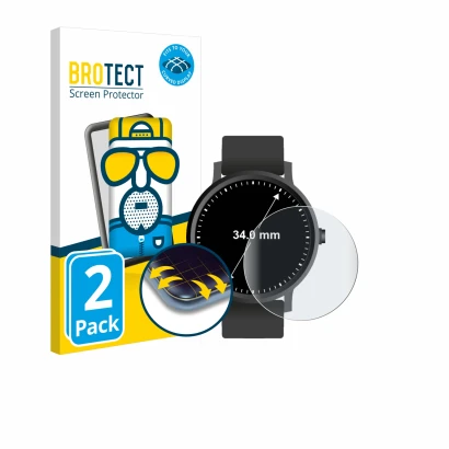 Front side of a product packaging with the brand logo BROTECT. Next to it is the device Watches (Circular, ø: 34 mm) shown wit