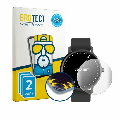 Front side of a product packaging with the brand logo BROTECT. Next to it is the device Watches (Circular, ø: 38 mm) shown wit