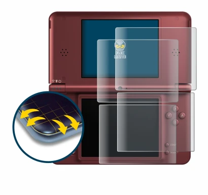 Image of the device Nintendo DSi XL with a wide variety of screen protectors.