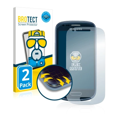 Front side of a product packaging with the brand logo BROTECT. Next to it is the device Samsung Galaxy S3 Mini I8190 shown wit