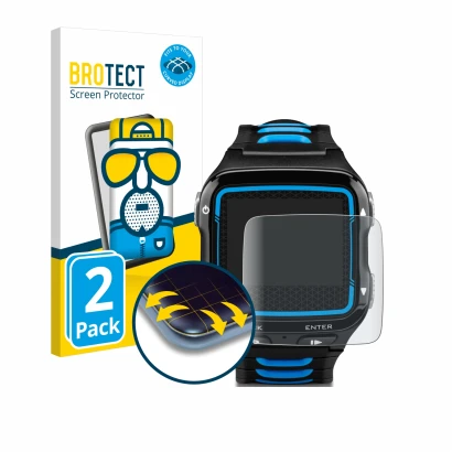 Front side of a product packaging with the brand logo BROTECT. Next to it is the device Garmin Forerunner 920XT shown with the
