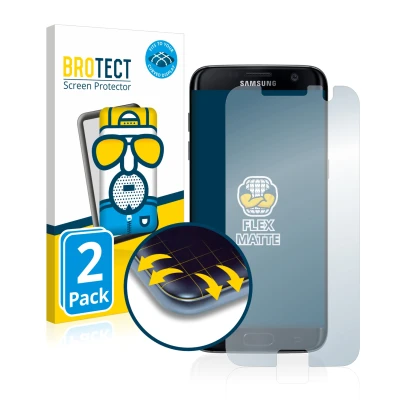 Front side of a product packaging with the brand logo BROTECT. Next to it is the device Samsung Galaxy S7 Edge shown with the 