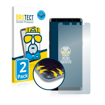 Front side of a product packaging with the brand logo BROTECT. Next to it is the device Samsung Galaxy Note 8 shown with the c