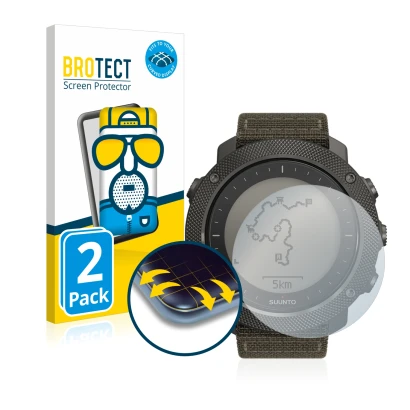 Front side of a product packaging with the brand logo BROTECT. Next to it is the device Suunto Traverse Alpha shown with the c