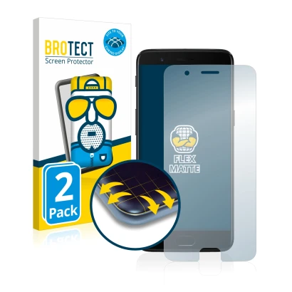 Front side of a product packaging with the brand logo BROTECT. Next to it is the device OnePlus 5 shown with the corresponding