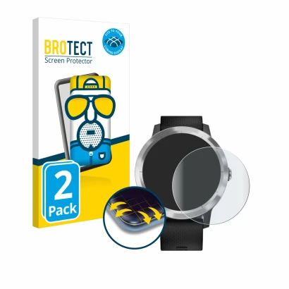 Front side of a product packaging with the brand logo BROTECT. Next to it is the device Garmin vivoactive 3 shown with the cor