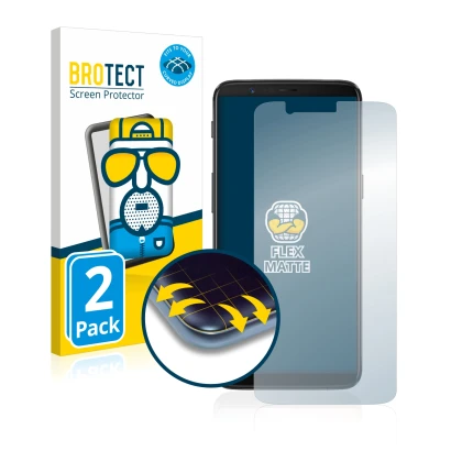 Front side of a product packaging with the brand logo BROTECT. Next to it is the device OnePlus 5T shown with the correspondin