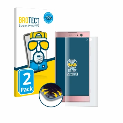 Front side of a product packaging with the brand logo BROTECT. Next to it is the device Sony Xperia XA2 shown with the corresp