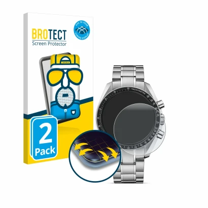 Front side of a product packaging with the brand logo BROTECT. Next to it is the device Omega Speedmaster Moonwatch Profession