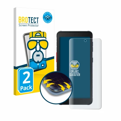 Front side of a product packaging with the brand logo BROTECT. Next to it is the device Samsung Galaxy XCover 5 shown with the