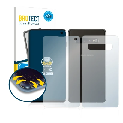 Front side of a product packaging with the brand logo BROTECT. Next to it is the device Samsung Galaxy S10 (Front+Back) shown 