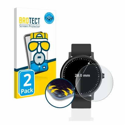 Front side of a product packaging with the brand logo BROTECT. Next to it is the device Circular Displays (ø: 28 mm) shown wit