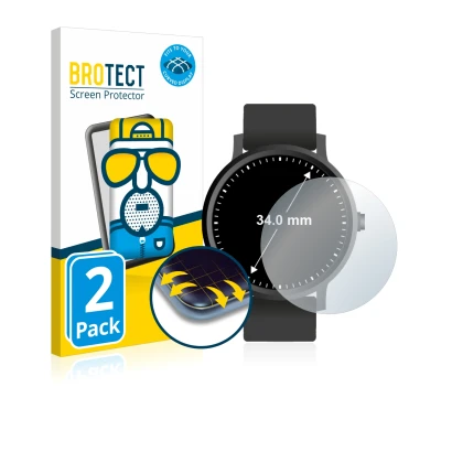 Front side of a product packaging with the brand logo BROTECT. Next to it is the device Circular Displays (ø: 34 mm) shown wit
