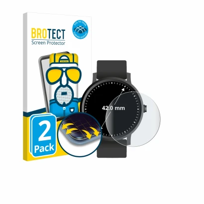 Front side of a product packaging with the brand logo BROTECT. Next to it is the device Circular Displays (ø: 42 mm) shown wit