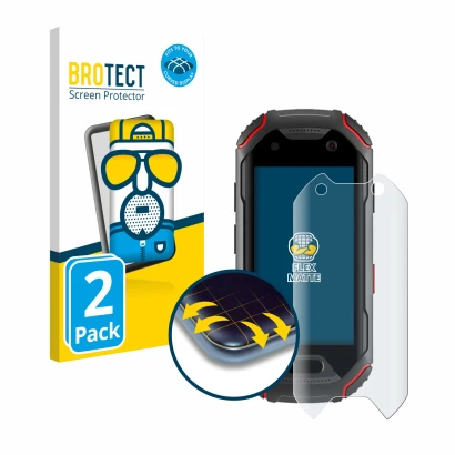 Front side of a product packaging with the brand logo BROTECT. Next to it is the device Unihertz Atom shown with the correspon