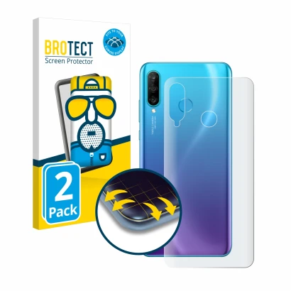 Front side of a product packaging with the brand logo BROTECT. Next to it is the device Huawei P30 lite (Back) shown with the 