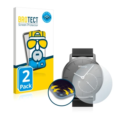 Front side of a product packaging with the brand logo BROTECT. Next to it is the device Withings Activité Pop shown with the c
