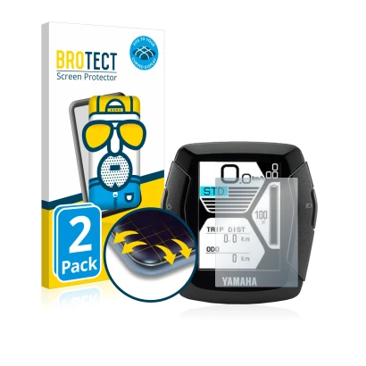 Front side of a product packaging with the brand logo BROTECT. Next to it is the device Yamaha LCD-C Display 2019 (E-Bike Disp