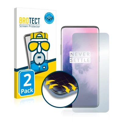 Front side of a product packaging with the brand logo BROTECT. Next to it is the device OnePlus 7 Pro shown with the correspon