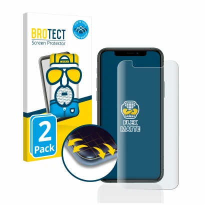 Front side of a product packaging with the brand logo BROTECT. Next to it is the device Apple iPhone 11 Pro shown with the cor