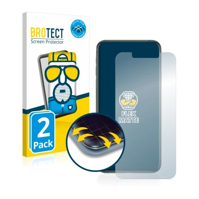 Front side of a product packaging with the brand logo BROTECT. Next to it is the device Apple iPhone 11 Pro Max shown with the