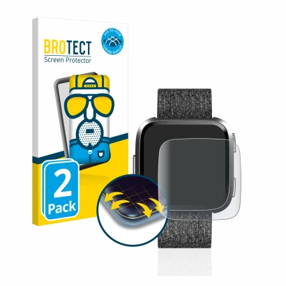 Front side of a product packaging with the brand logo BROTECT. Next to it is the device Fitbit Versa Special Edition shown wit