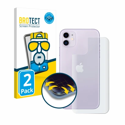 Front side of a product packaging with the brand logo BROTECT. Next to it is the device Apple iPhone 11 (Back) shown with the 