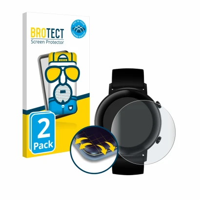 Front side of a product packaging with the brand logo BROTECT. Next to it is the device Huawei Watch GT 2 (42 mm) shown with t
