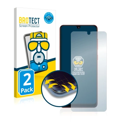 Front side of a product packaging with the brand logo BROTECT. Next to it is the device Samsung Galaxy A31 shown with the corr