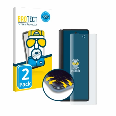 Front side of a product packaging with the brand logo BROTECT. Next to it is the device Samsung Galaxy Z Fold 2 5G shown with 