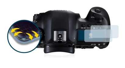 Image of the device Canon EOS 5D Mark III (top plate display) with a wide variety of screen protectors.