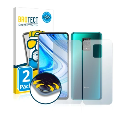 Front side of a product packaging with the brand logo BROTECT. Next to it is the device Xiaomi Redmi Note 9 Pro (Front+Back) s