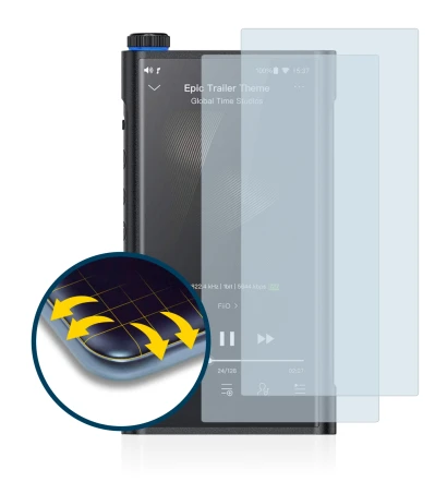 Image of the device FiiO M15 with a wide variety of screen protectors.