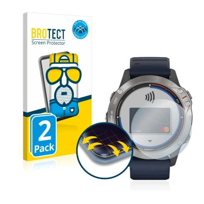 Front side of a product packaging with the brand logo BROTECT. Next to it is the device Garmin quatix 6 shown with the corresp
