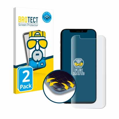 Front side of a product packaging with the brand logo BROTECT. Next to it is the device Apple iPhone 12 Pro shown with the cor