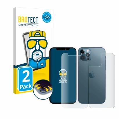 Front side of a product packaging with the brand logo BROTECT. Next to it is the device Apple iPhone 12 Pro (Front+Back) shown