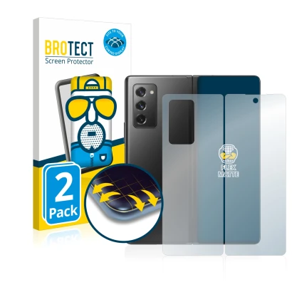 Front side of a product packaging with the brand logo BROTECT. Next to it is the device Samsung Galaxy Z Fold 2 5G (Front+Back