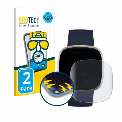 Front side of a product packaging with the brand logo BROTECT. Next to it is the device Fitbit Versa 3 shown with the correspo
