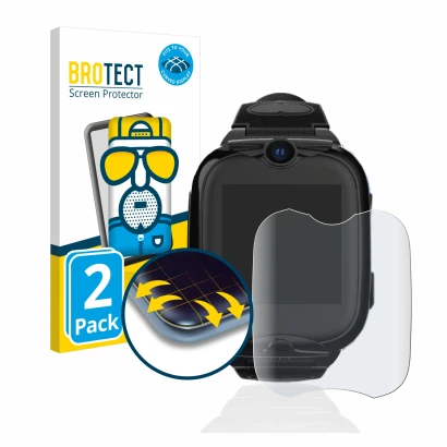 Front side of a product packaging with the brand logo BROTECT. Next to it is the device Xplora Go 2 shown with the correspondi