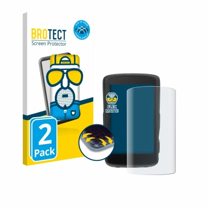 Front side of a product packaging with the brand logo BROTECT. Next to it is the device Hammerhead Karoo 2 shown with the corr